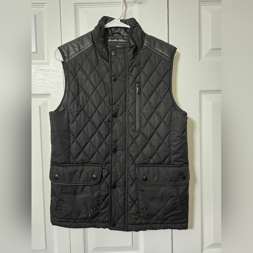 Faux Leather & Black Quilted Insulated Zip Up Vest, Size Small, Like New Cond